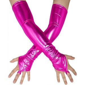 Women's Fingerless Shiny Metallic Spandex Hot Pink Fashion Long Elastic Gloves